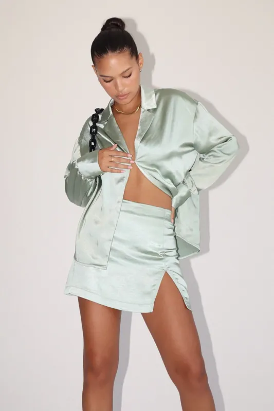 Sage Satin Slit Mini Skirt sold by Mulberry and Grand
