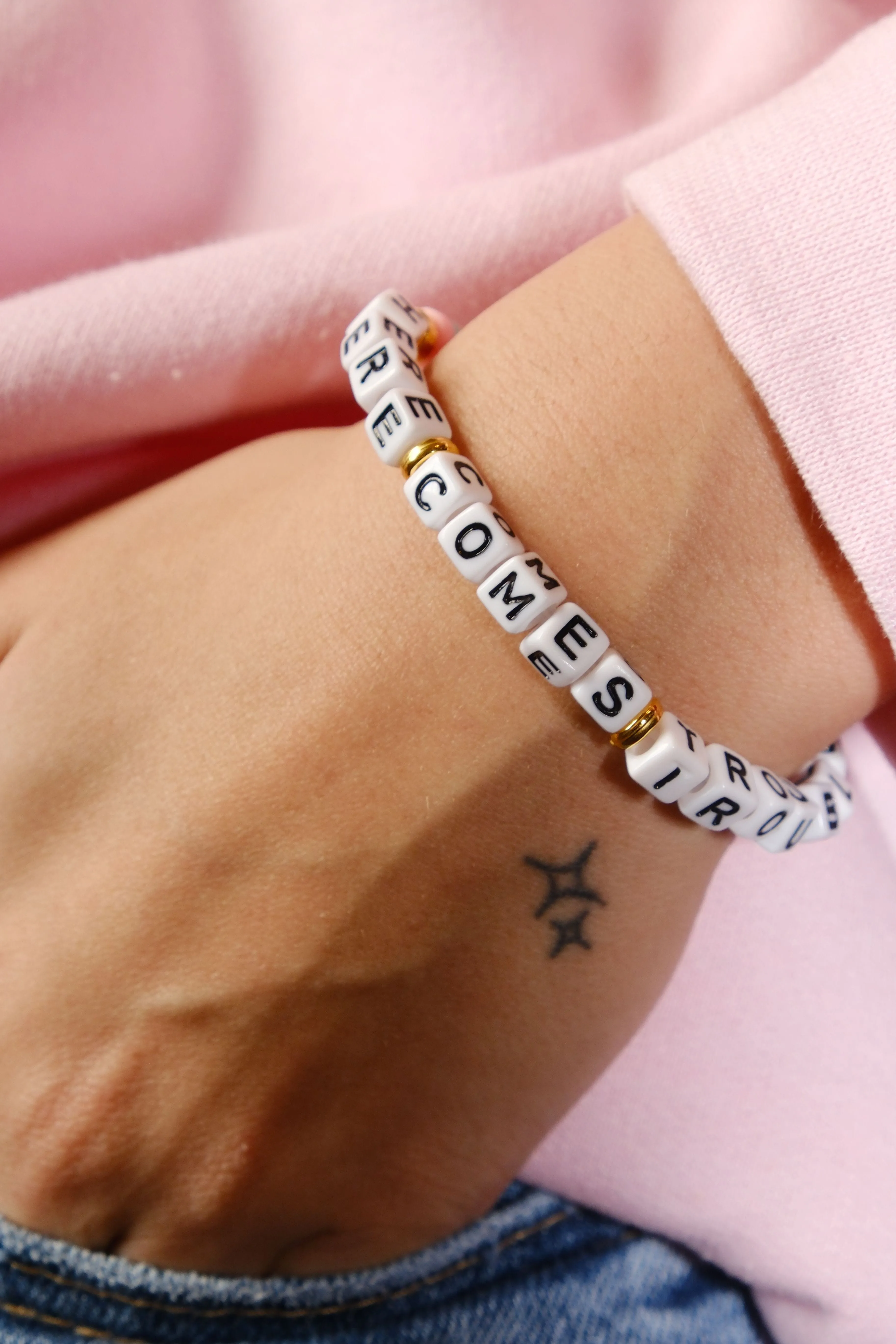 Here Comes Trouble Inspirational Beaded Bracelet sold by Mulberry and Grand