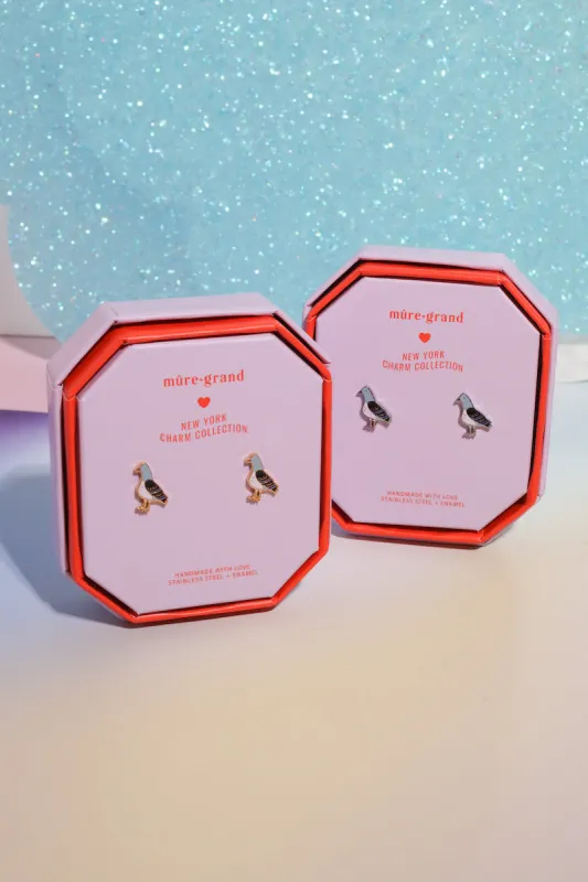 New York Pigeon Enamel Charm Stud Earrings sold by Mulberry and Grand