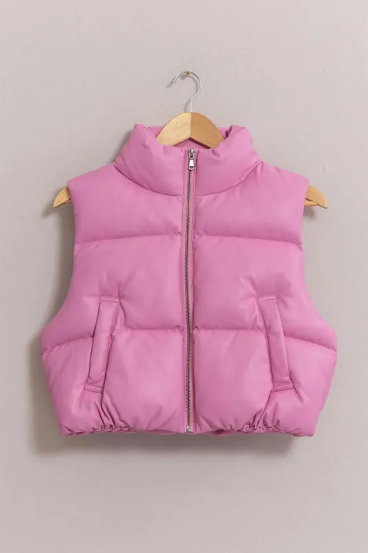 Harriet Rose Pink Leather Cropped Puffer Vest sold by Mulberry and Grand