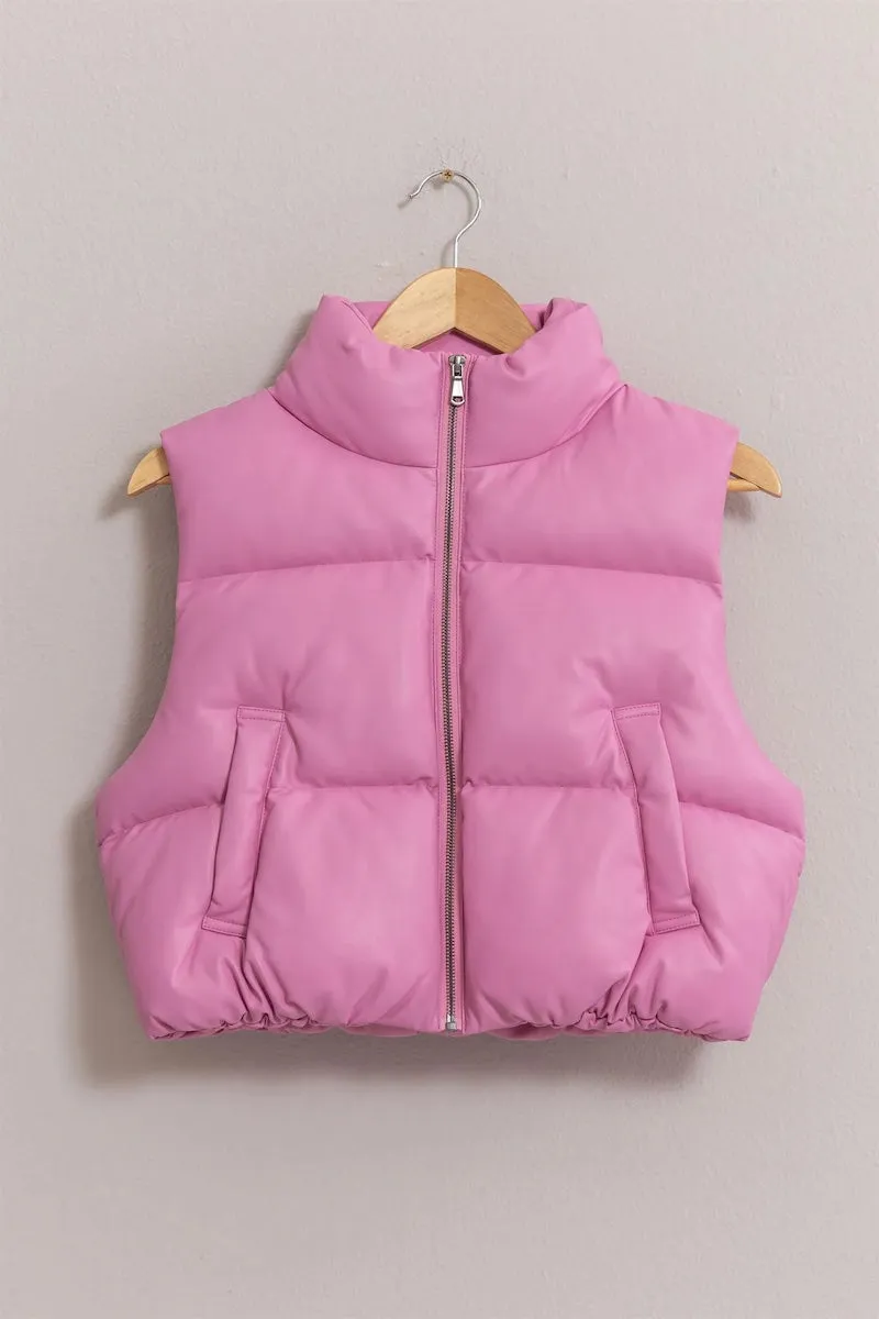 Harriet Rose Pink Leather Cropped Puffer Vest sold by Mulberry and Grand