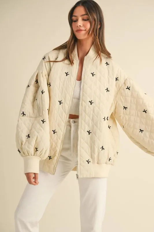 Maeve Bow Embroidered Quilted Bomber Jacket sold by Mulberry and Grand