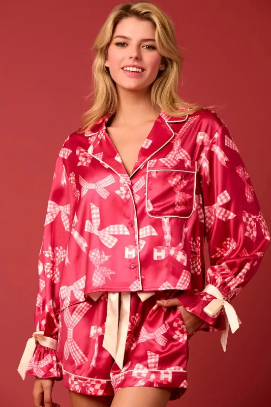 Satin Bow Prints Tied Cuffs Detail Pajama Set made by Mulberry and Grand