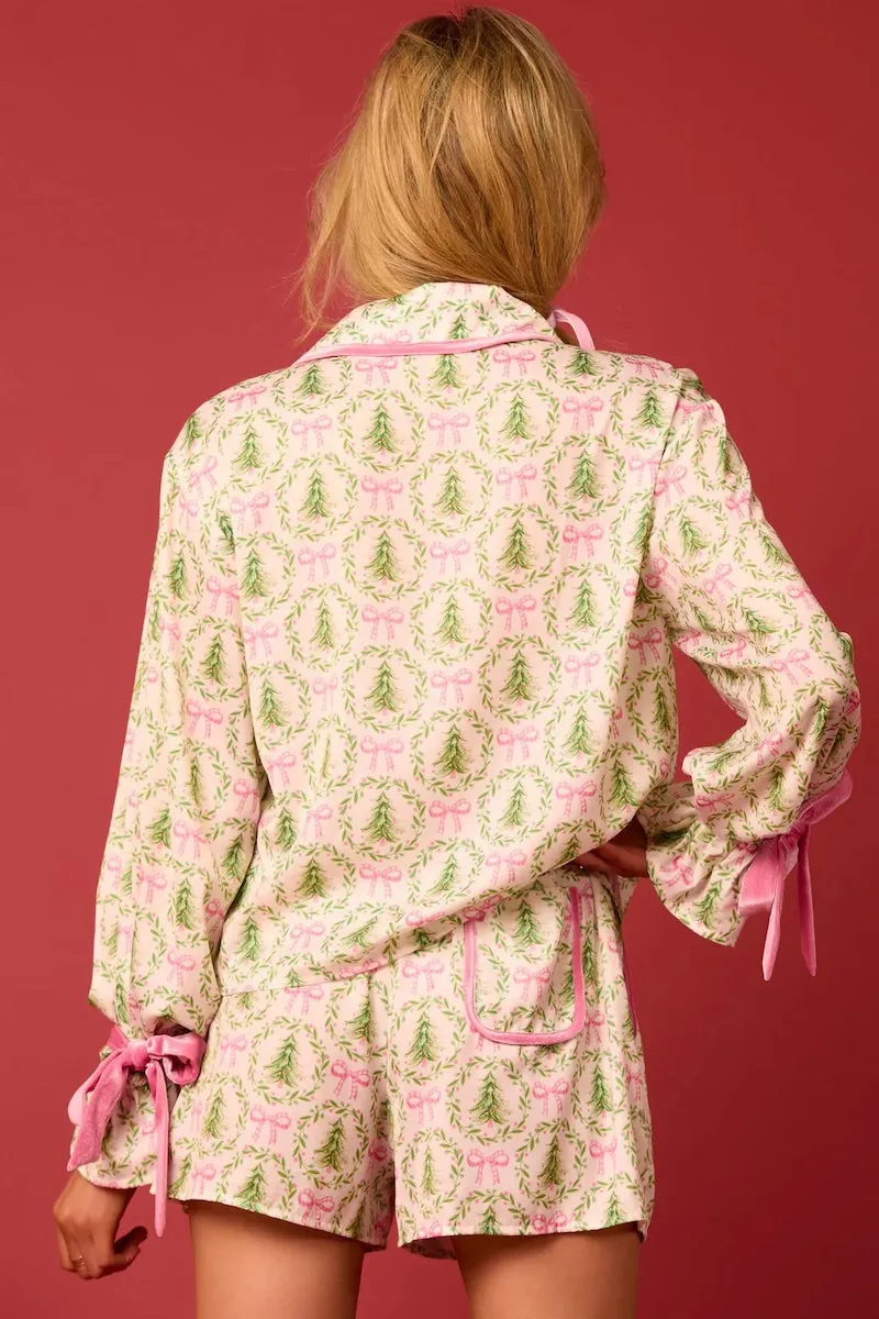 Satin Christmas Tree and Bow Prints Pajama Set sold by Mulberry and Grand product image thumbnail 3