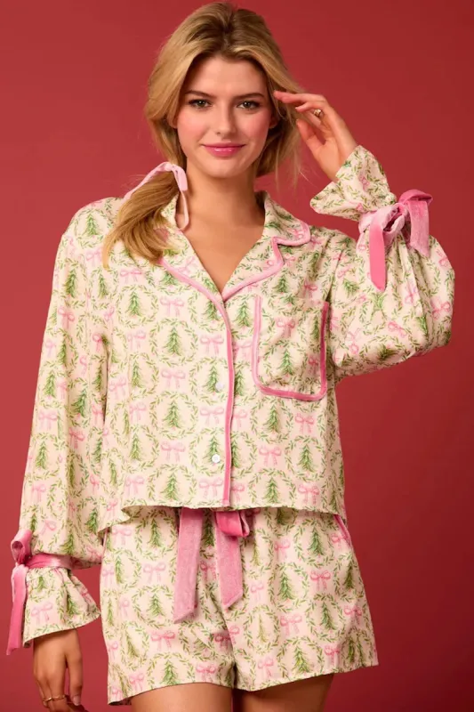 Satin Christmas Tree and Bow Prints Pajama Set sold by Mulberry and Grand