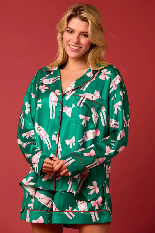 Satin Nutcrackers and Bow Prints Pajama Set sold by Mulberry and Grand