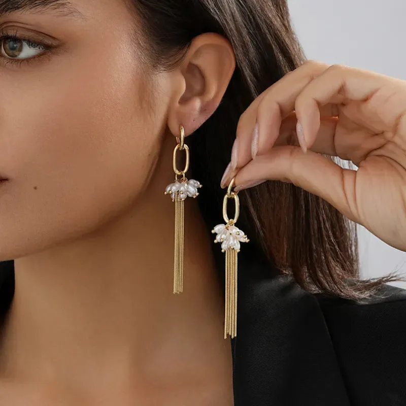 Long Chain Tassel with Pearls Statement Earring sold by Mulberry and Grand