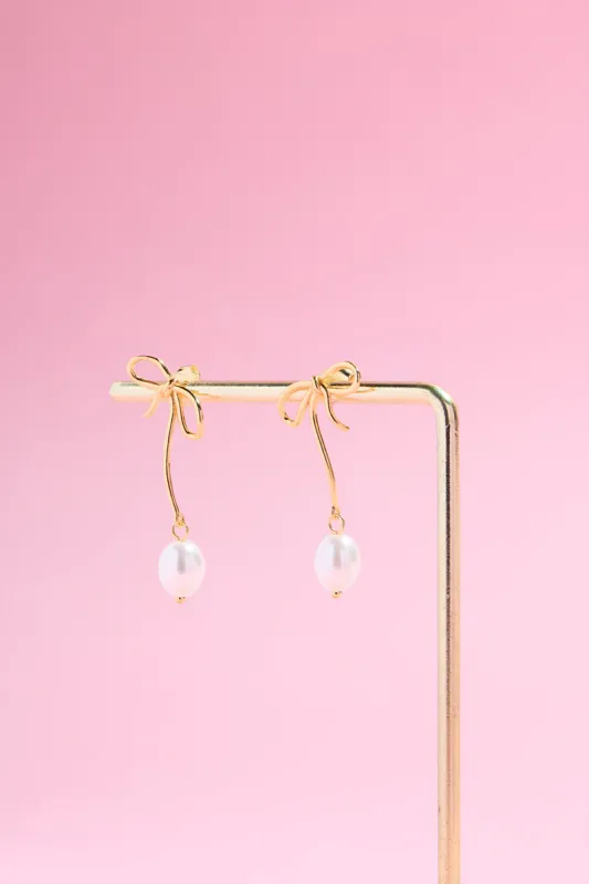 Bow & Pearl Delight Sterling Silver Charm Dangle Earrings sold by Mulberry and Grand