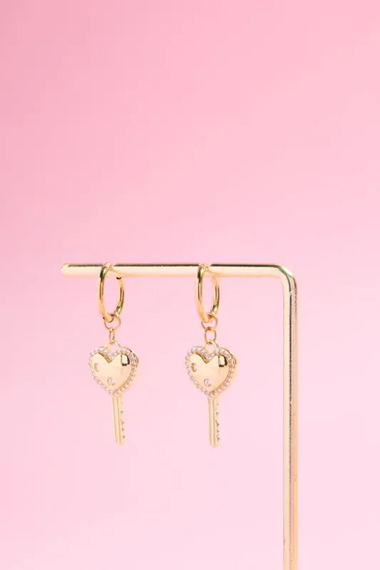 Heart Key Charm Dangle Earrings made by Mulberry and Grand