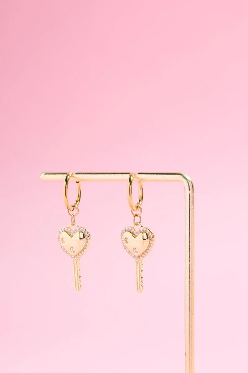 Heart Key Charm Dangle Earrings sold by Mulberry and Grand