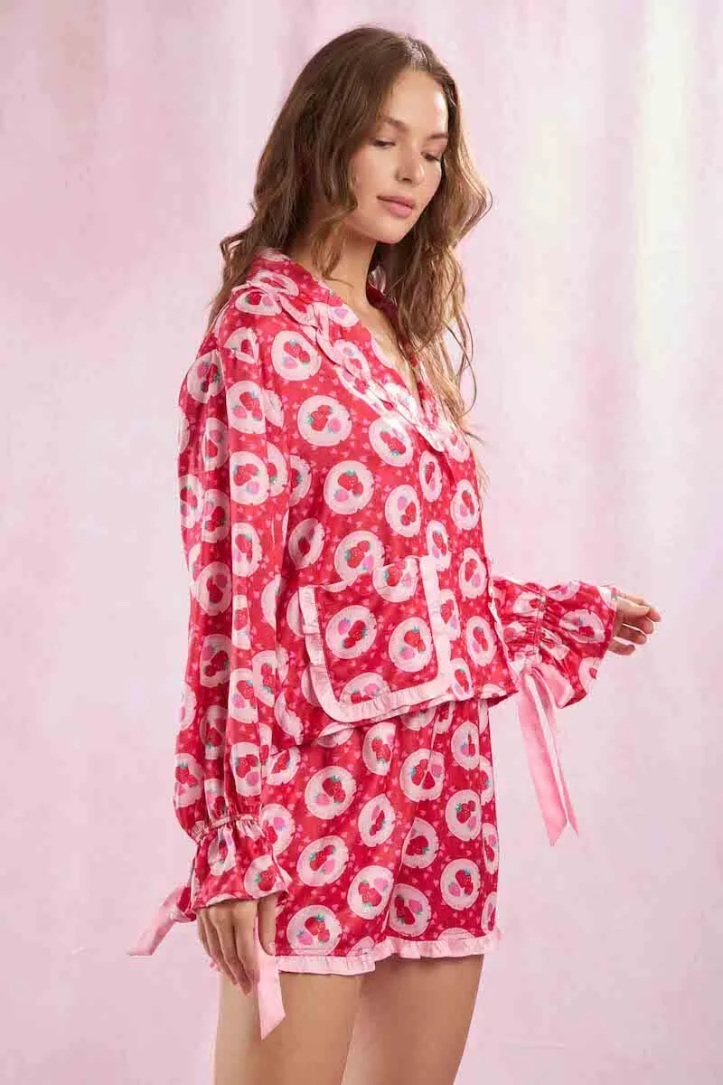 Satin Strawberry Love Prints Pajama Set sold by Mulberry and Grand product image thumbnail 3