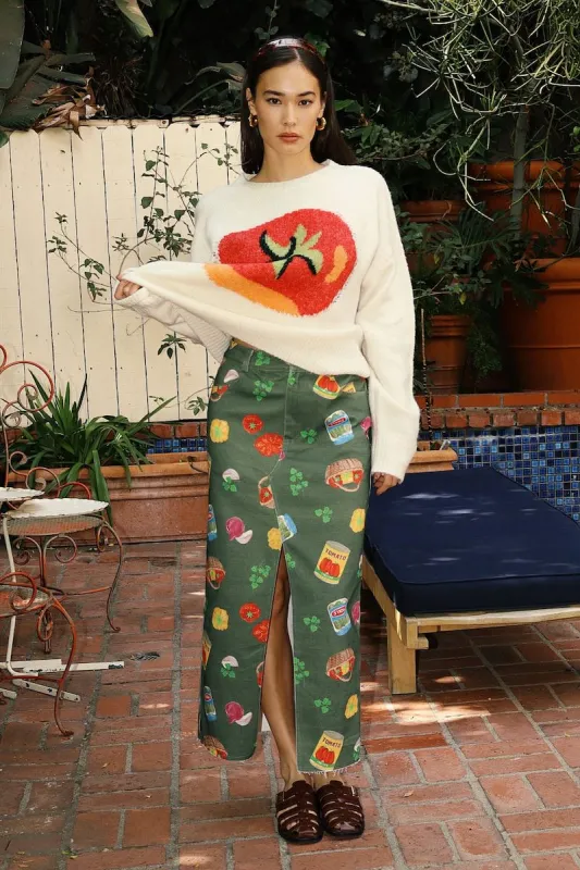 Charelle Grocery Print Midi Skirt With Front Slit sold by Mulberry and Grand