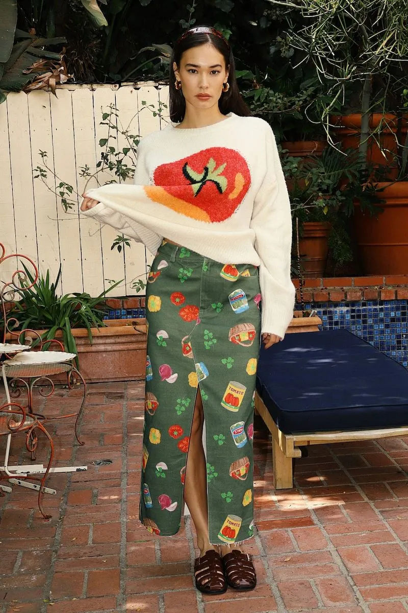 Charelle Grocery Print Midi Skirt With Front Slit sold by Mulberry and Grand