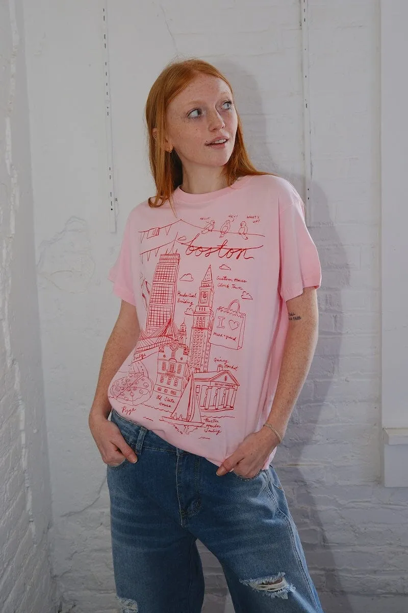 Boston Illustration Pink Graphic T-shirt sold by Mulberry and Grand product image thumbnail 2