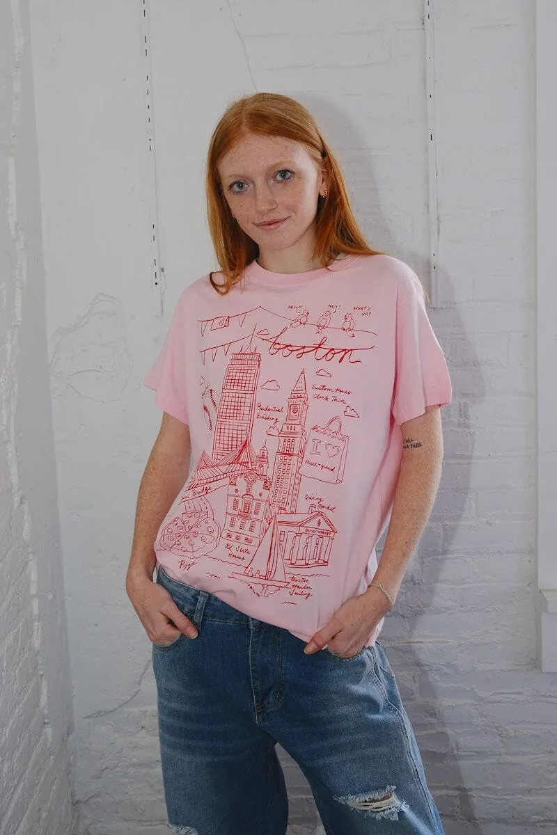 Boston Illustration Pink Graphic T-shirt sold by Mulberry and Grand