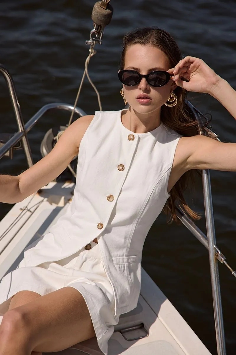 Motya White Denim Vest Style Top & Wide Shorts Set sold by Mulberry and Grand