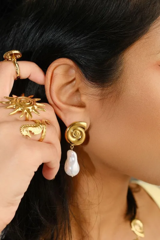 Spiral Shell & Pearl Drop Statement Earrings sold by Mulberry and Grand