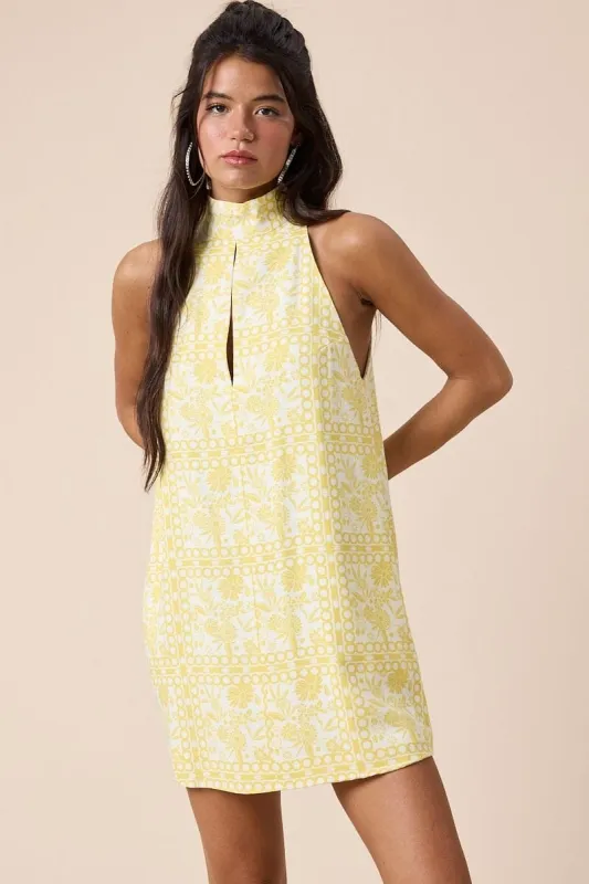 Vera Vintage Print Turtle Neck Cutout Mini Dress sold by Mulberry and Grand