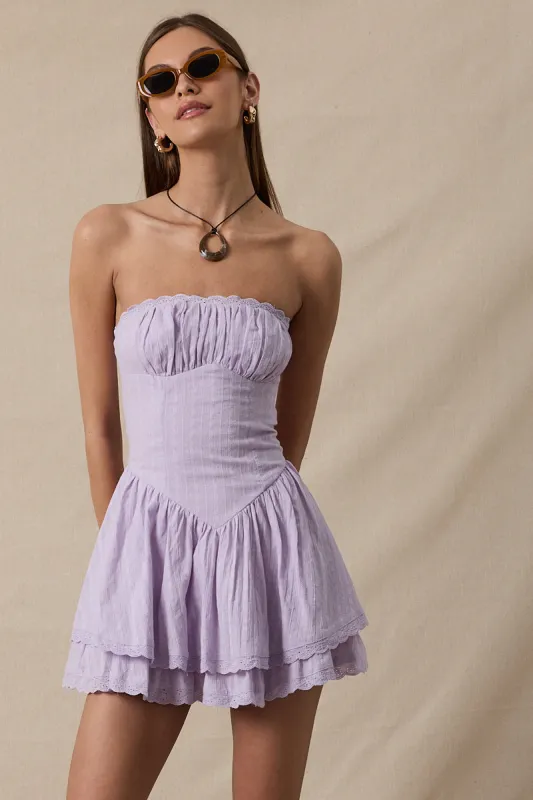 Thalia Tiered Lace Down Tube Mini Dress sold by Mulberry and Grand