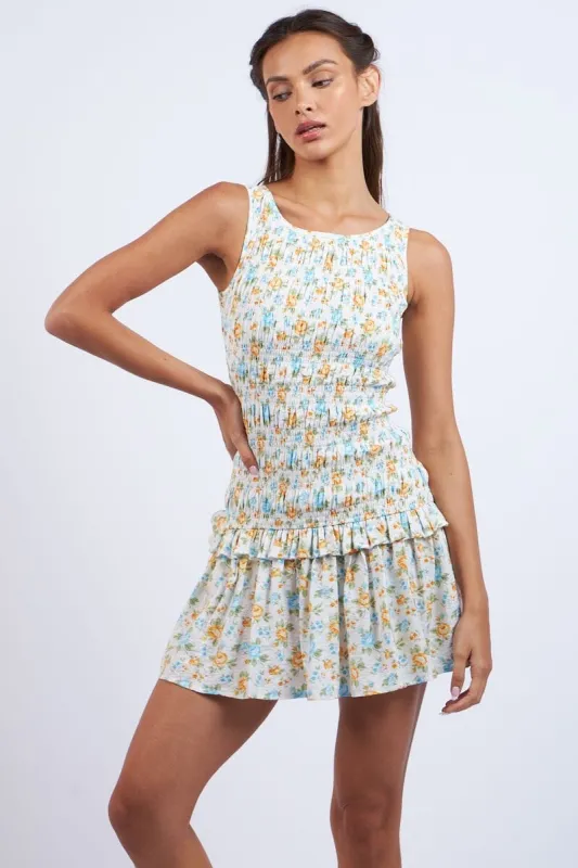 Renata Orange Floral Print Smocked Body Mini Dress sold by Mulberry and Grand