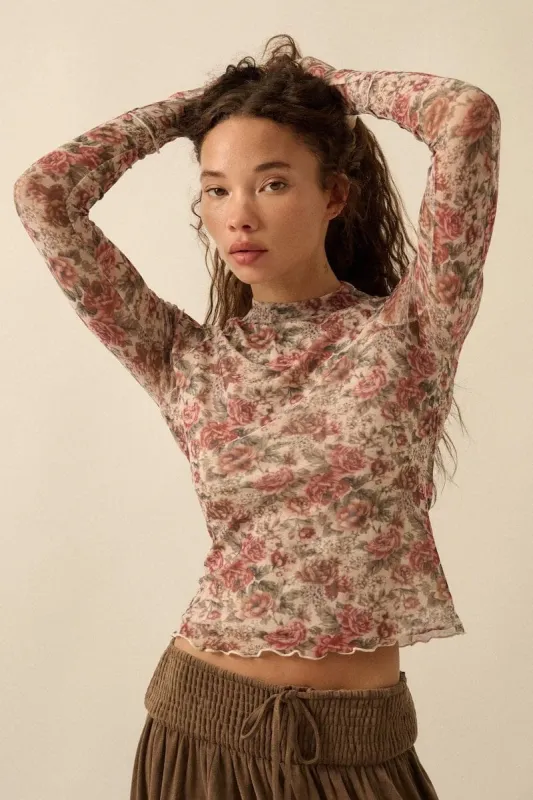 Isolde Roses Floral Mesh Mock-Neck Top made by Promesa