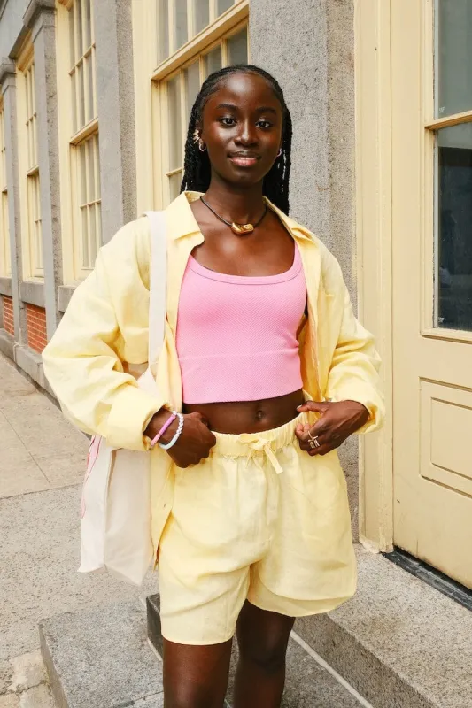 Capri Butter Yellow Linen Button Down and Short Set sold by Mulberry and Grand