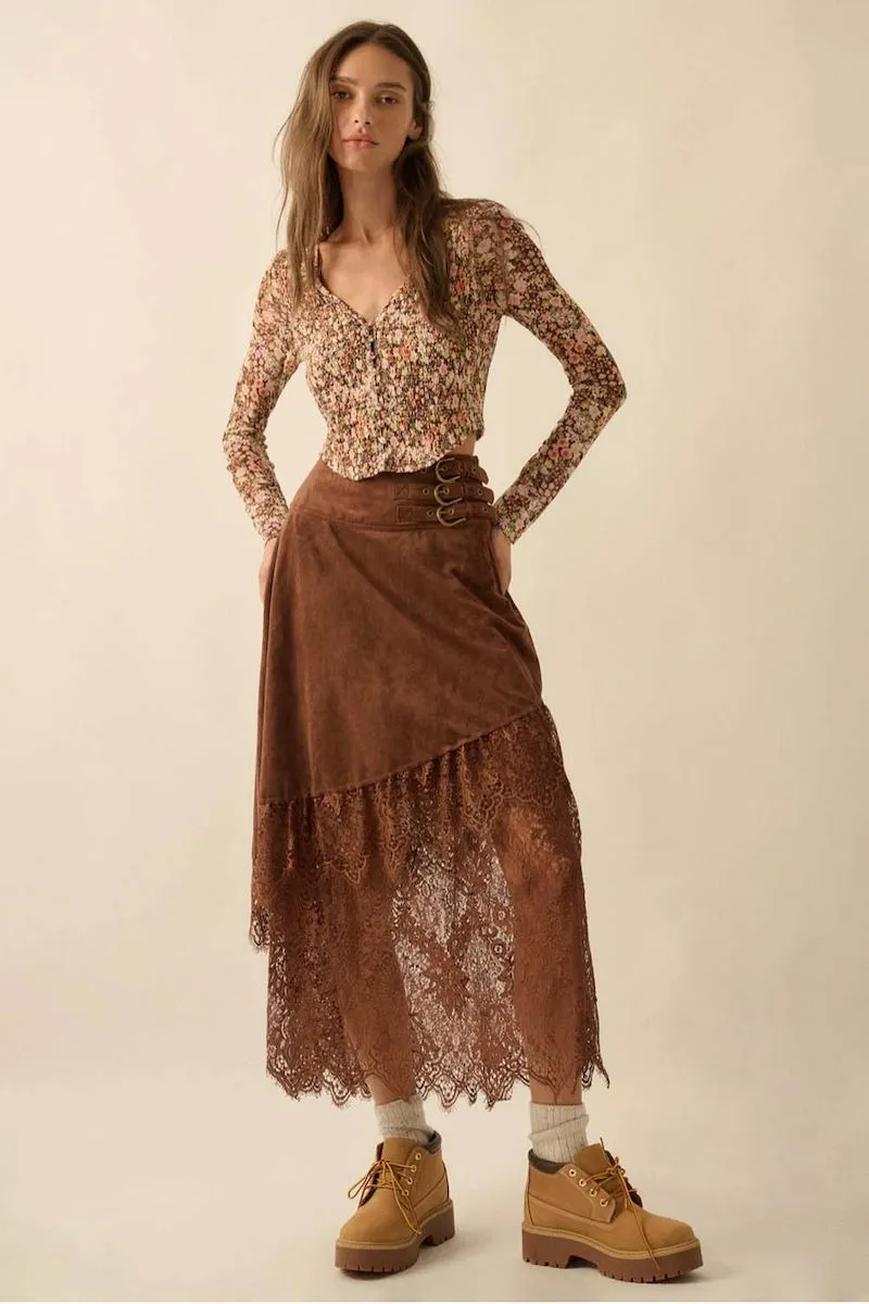 Julia Suede and Lace Buckled-Waist Maxi Skirt sold by Mulberry and Grand product image thumbnail 3