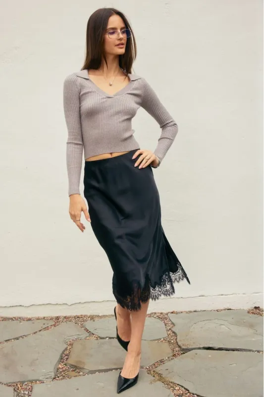 Aliya Dull Satin Lace Hem Pencil Midi Skirt sold by Mulberry and Grand