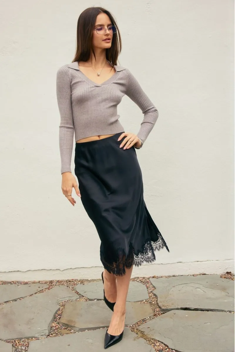 Aliya Dull Satin Lace Hem Pencil Midi Skirt sold by Mulberry and Grand