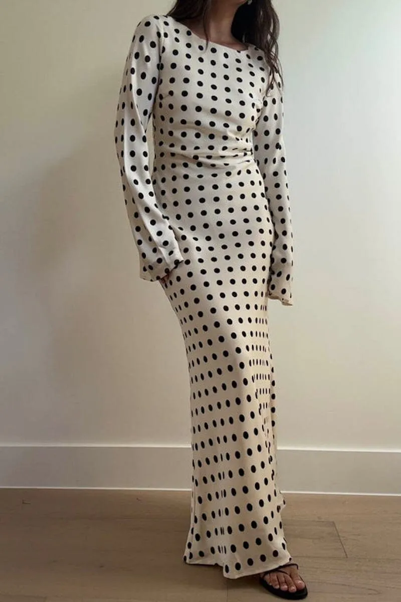 Liora Polka Dot Satin Long Sleeve Maxi Dress sold by Mulberry and Grand