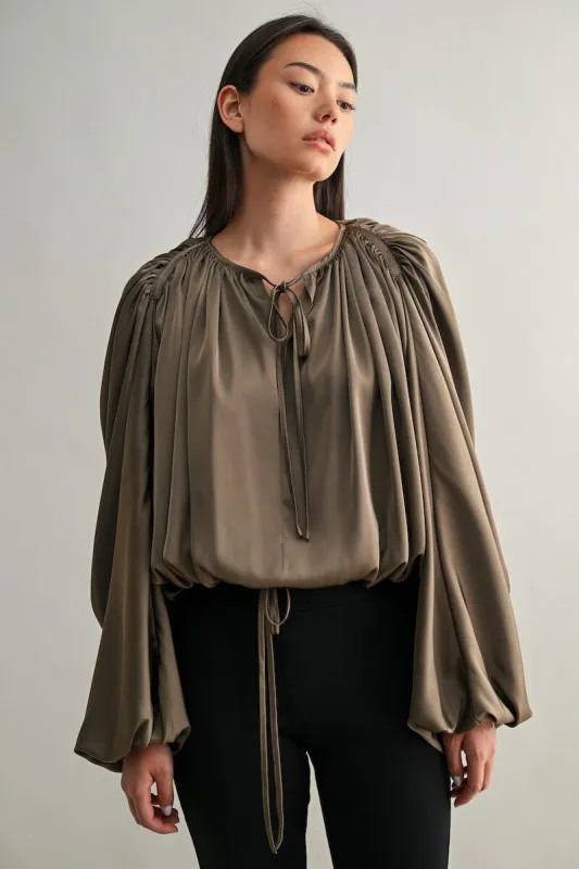 Esme Dolman Puff Sleeve Silky Satin Top sold by Mulberry and Grand