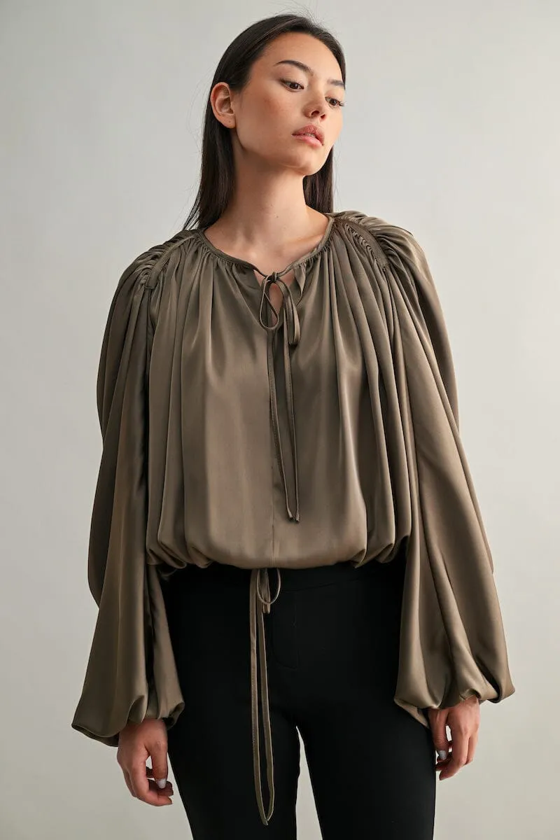 Esme Dolman Puff Sleeve Silky Satin Top sold by Mulberry and Grand
