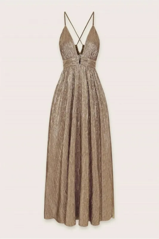 Rasha Gold Foiled Plunging Maxi Dress sold by Mulberry and Grand
