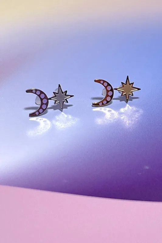 Moon + Star Enamel Charm Stud Earrings sold by Mulberry and Grand