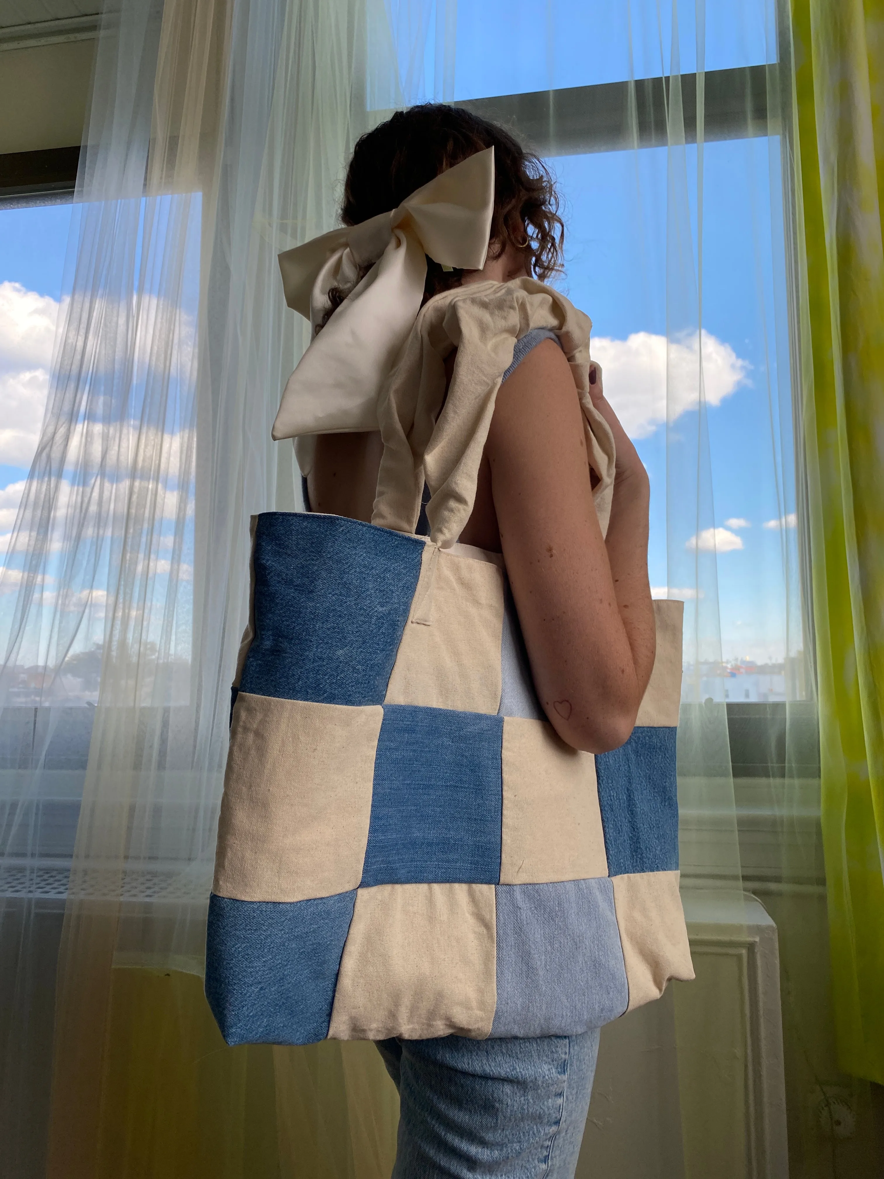 Denim / Canvas Patchwork Tote sold by Room Shop