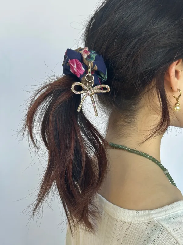 Dark Floral Rhinestone Bow Scrunchie sold by Room Shop
