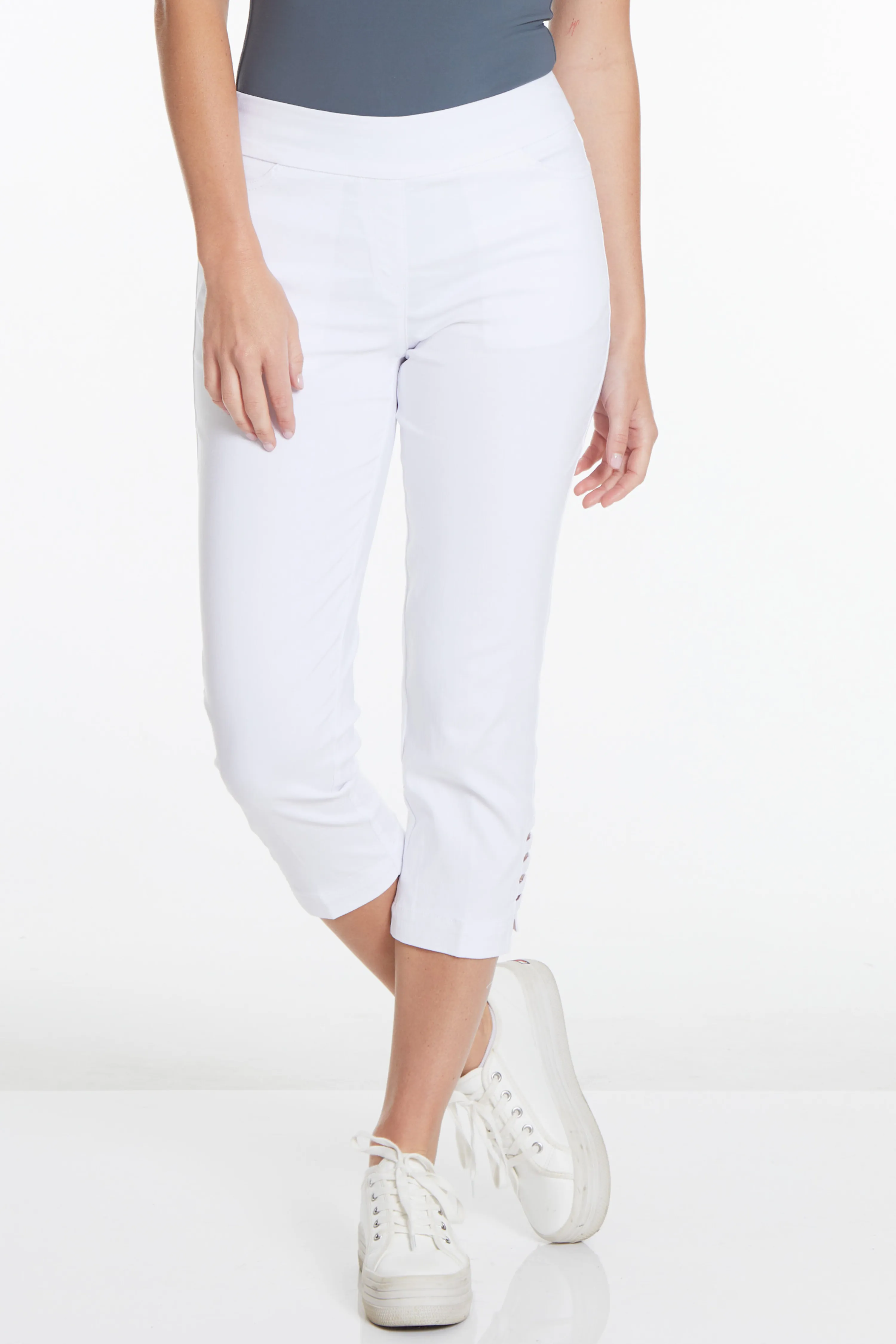 White Crop Pants with Pockets and Strap Hem Vents sold by SlimSation