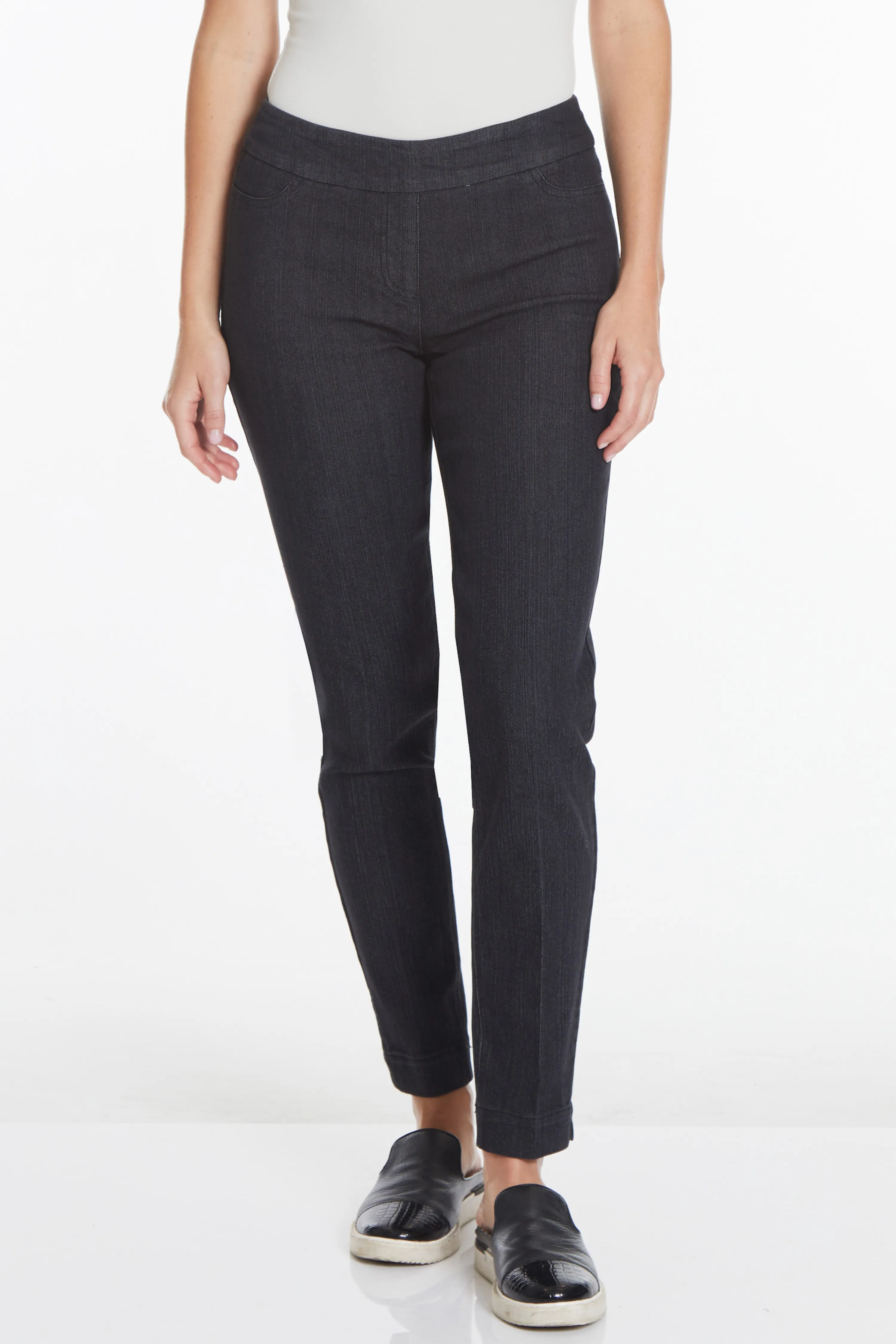 Plus Pull-On Solid Narrow Leg Pant With Faux Front Pockets - Black Denim sold by SlimSation