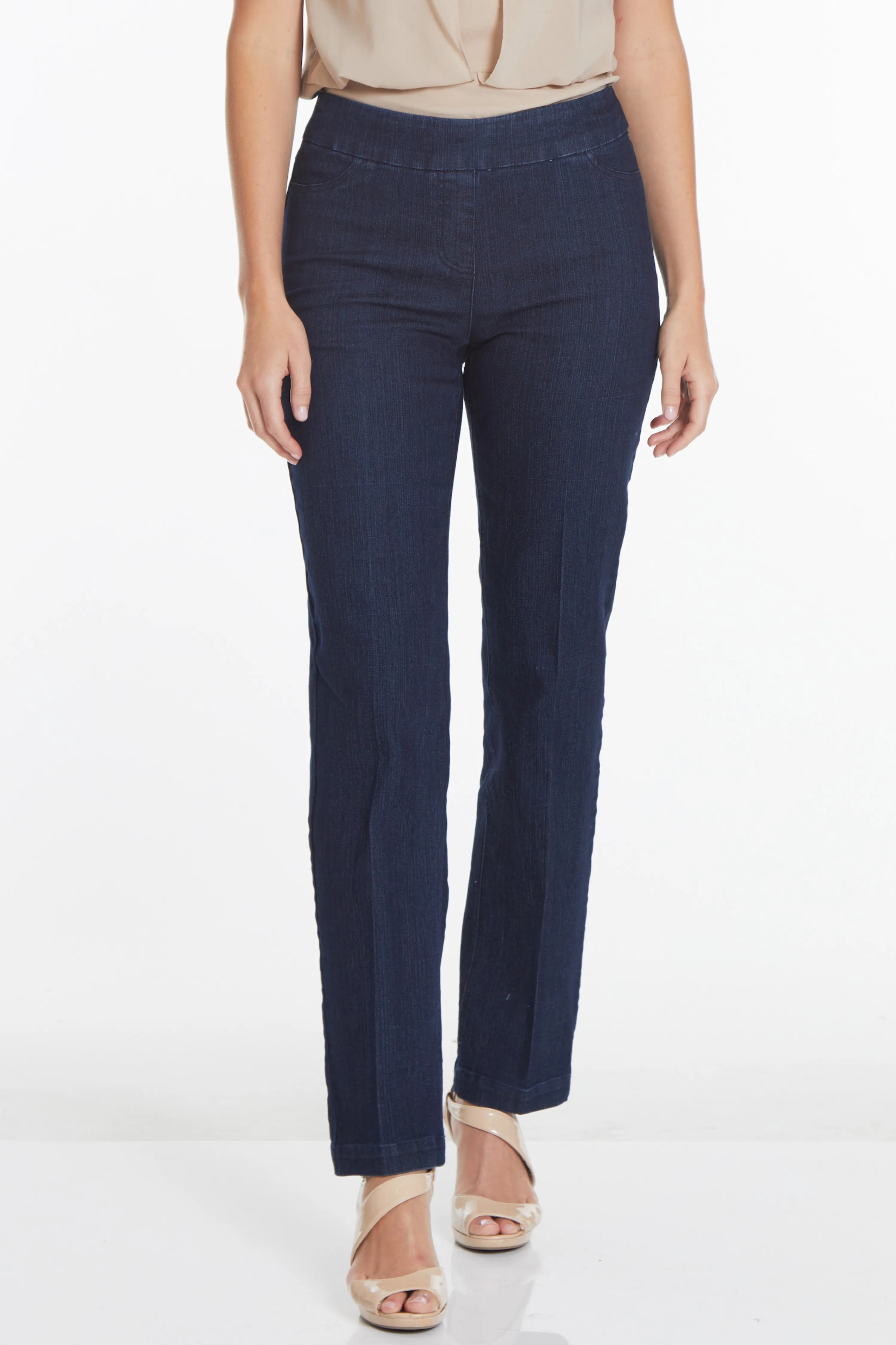 Pull-On Solid Relaxed Leg Pant With Faux Front Pockets - Denim sold by SlimSation