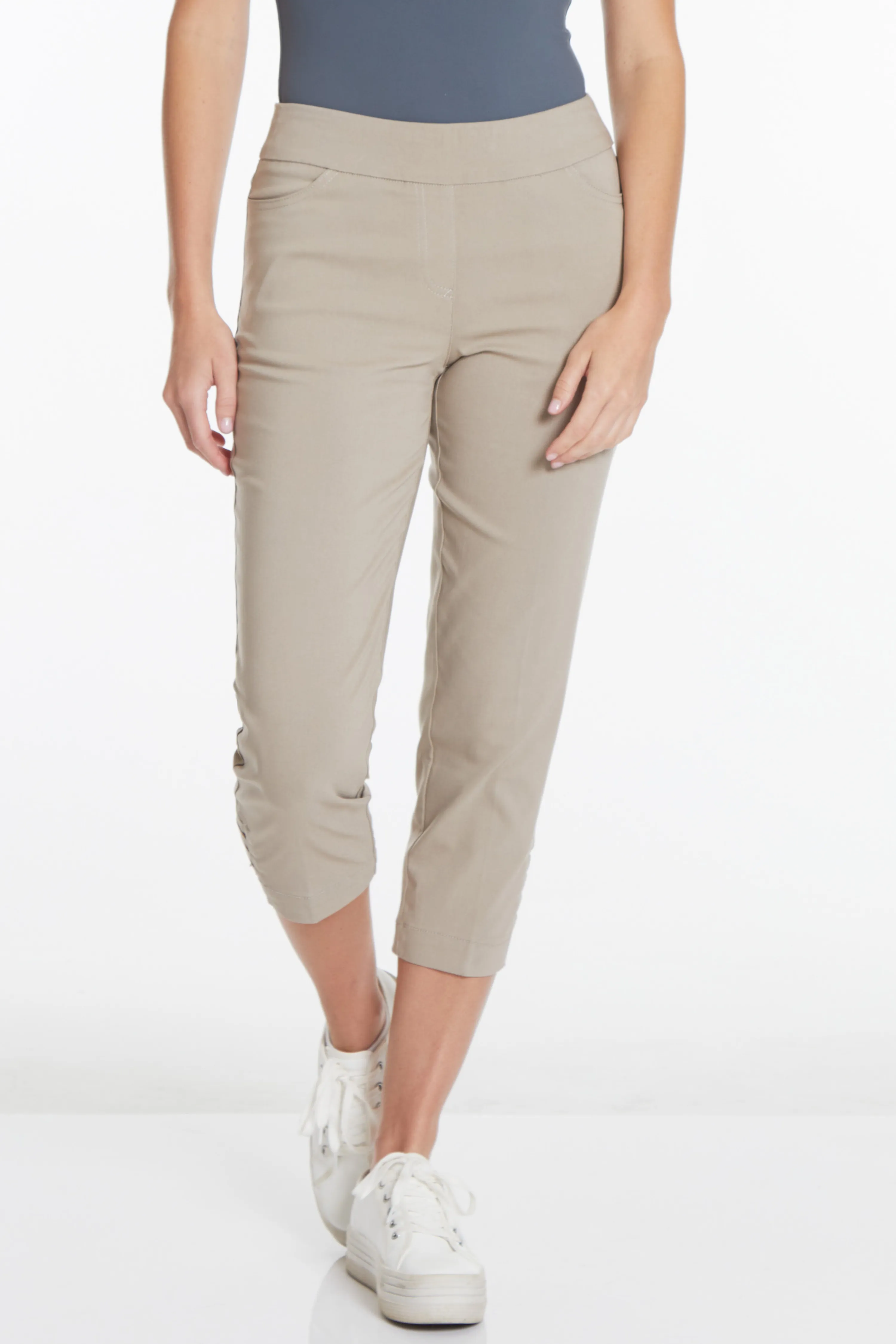 Petite Crop Pant With Real Pockets & Strap Hem Vents - Stone sold by SlimSation