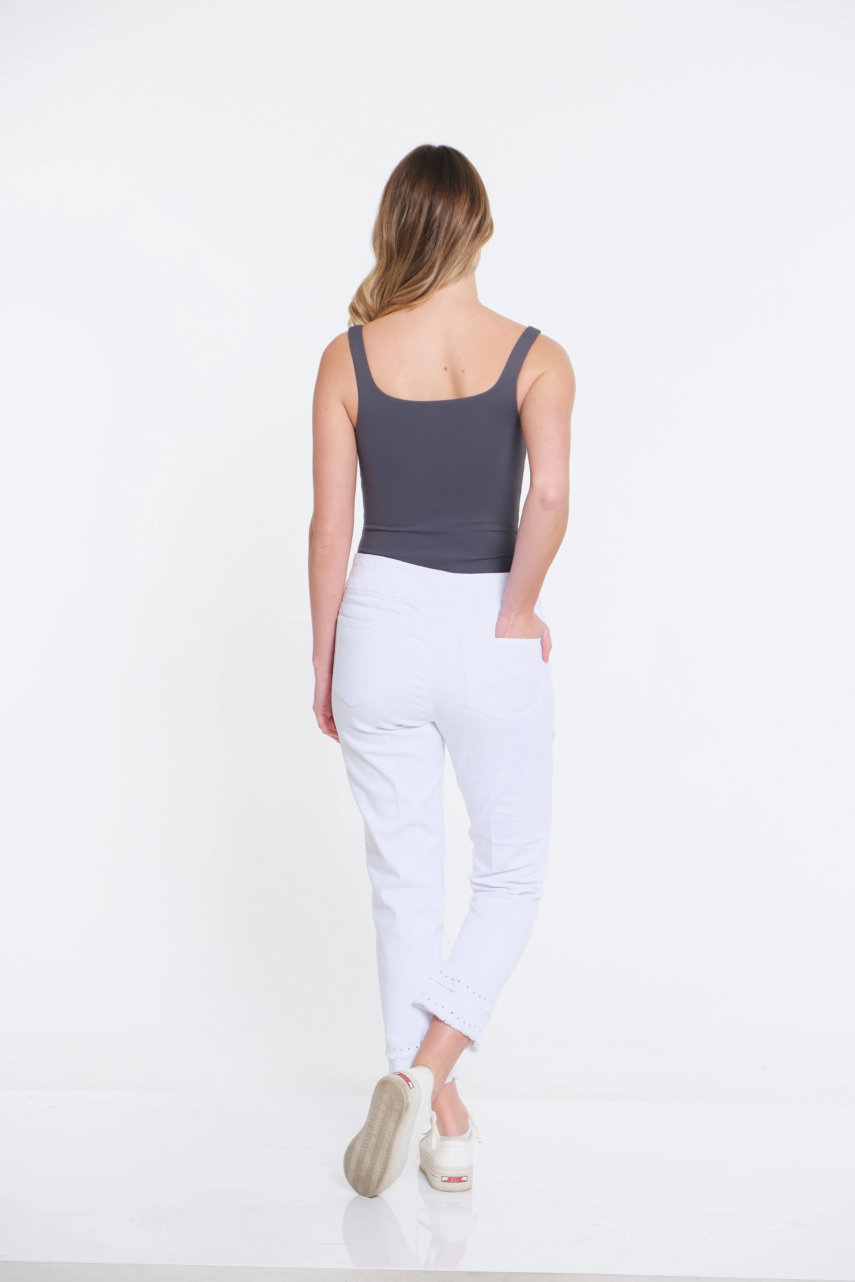 Eyelet & Fringe Hem Denim Ankle Jean - White sold by SlimSation product image thumbnail 3