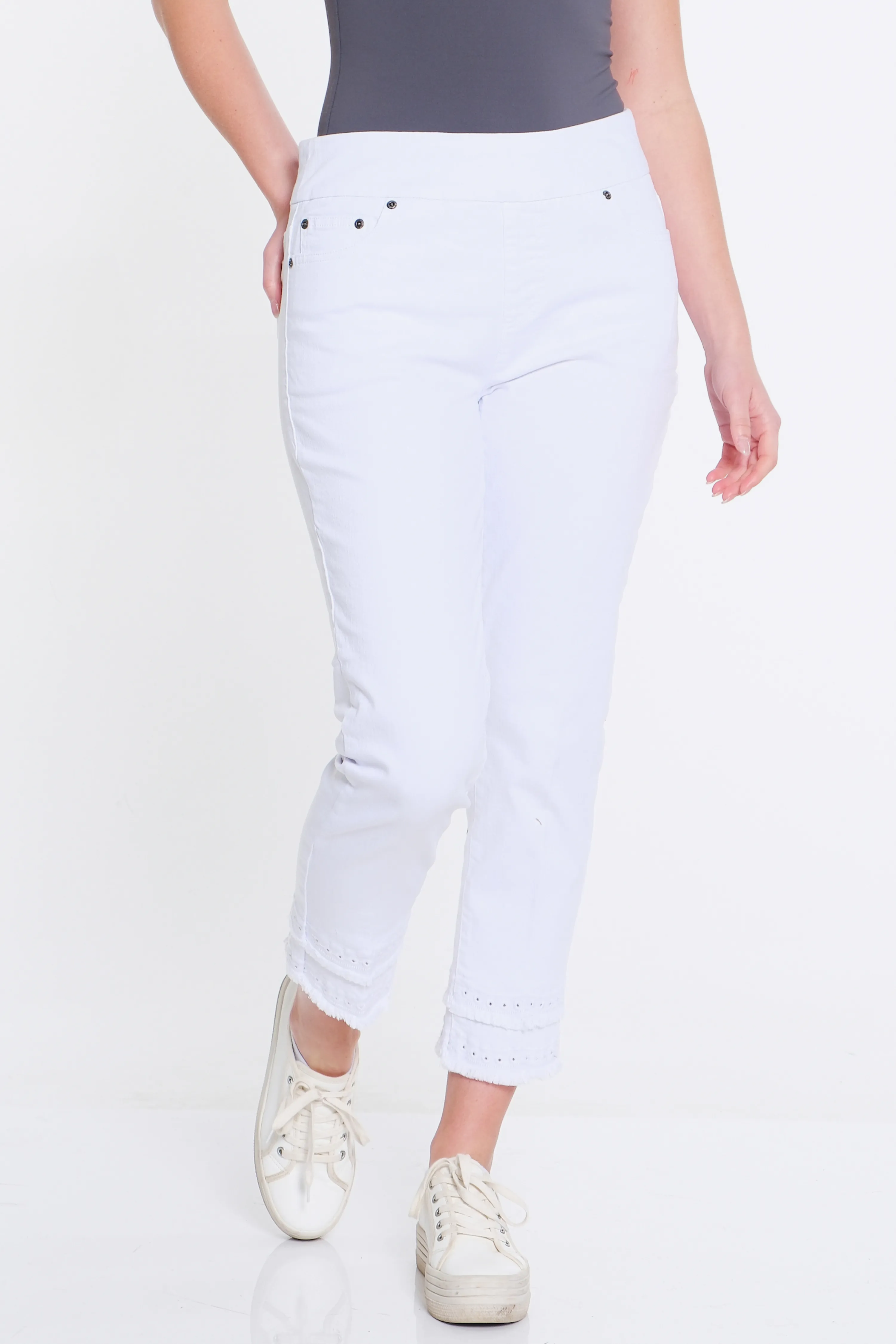 Eyelet & Fringe Hem Denim Ankle Jean - White sold by SlimSation