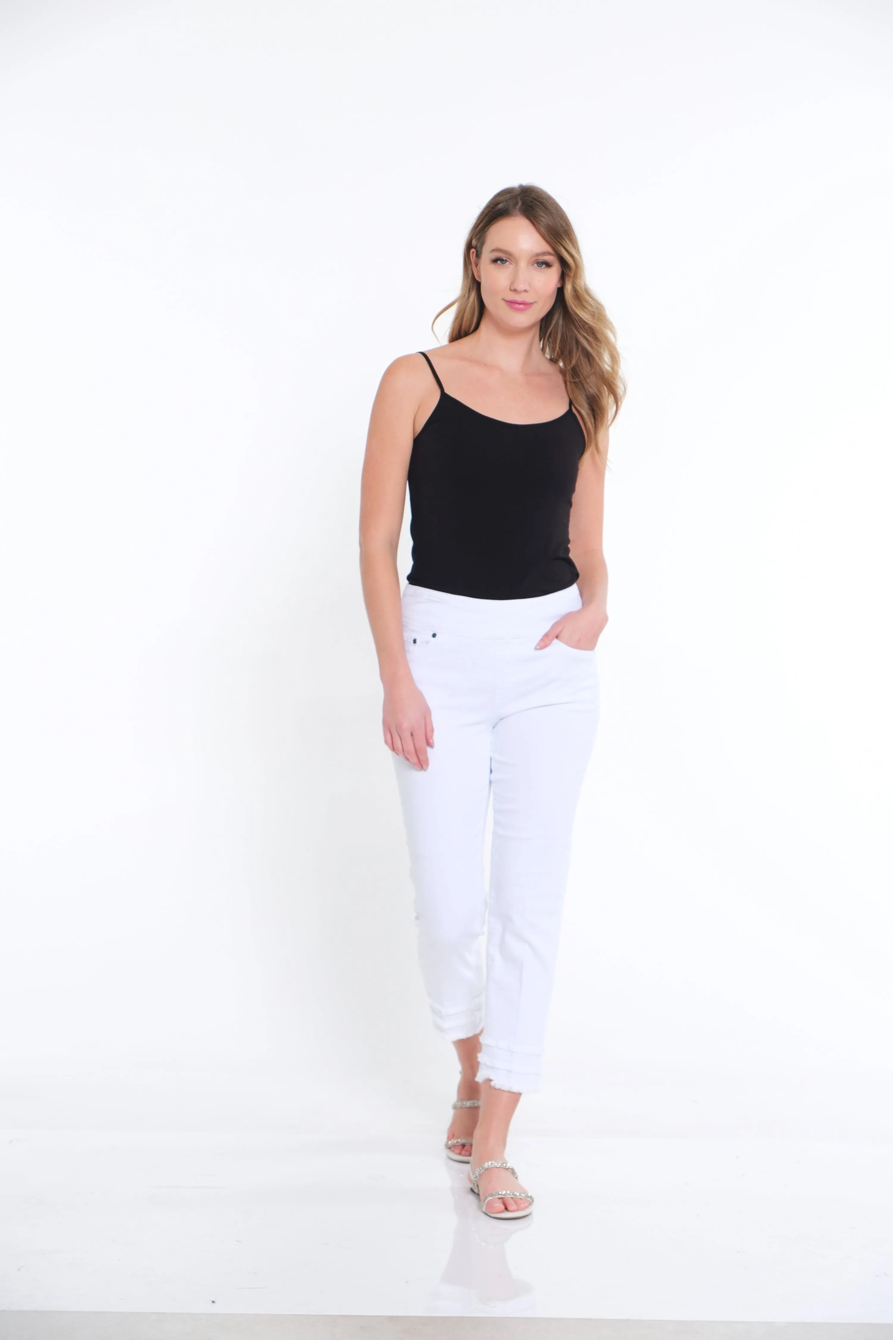 Plus Pull-On Wide Band Triple Fringe Hem Jean Ankle Pant - White sold by SlimSation product image thumbnail 4