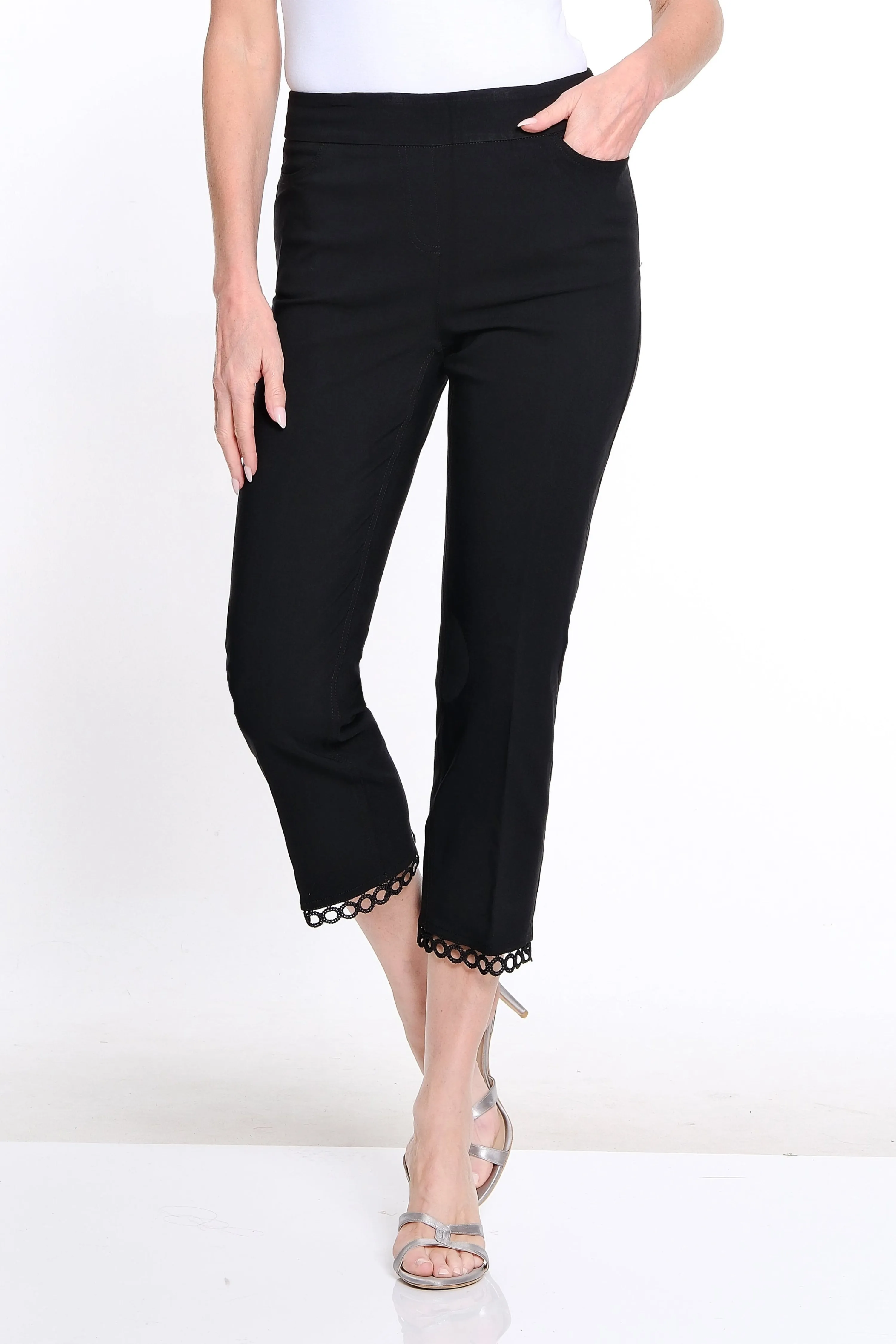 Solid Twill Crop Pant with Lace Hem - Black sold by SlimSation