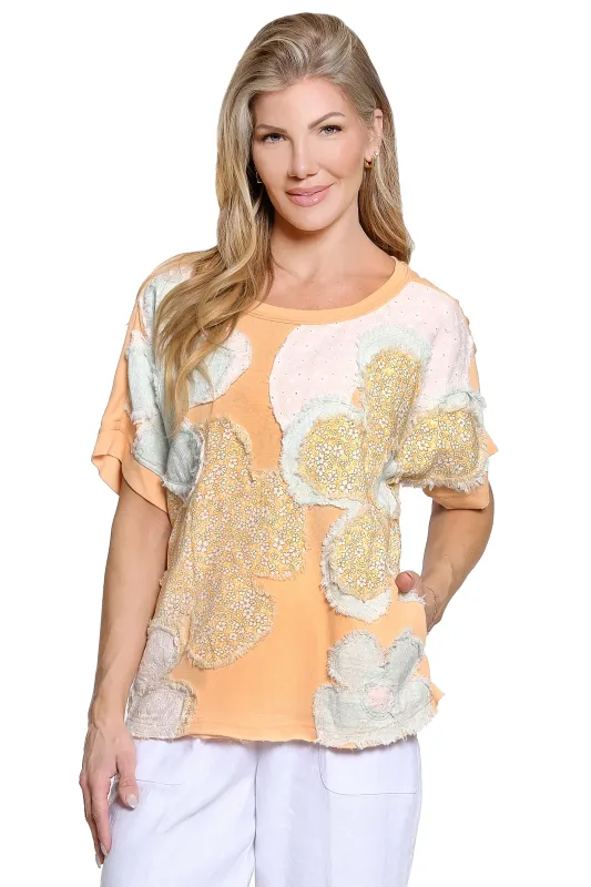 Knit Pop-Over with Floral Appliqué - Cantaloupe made by SlimSation