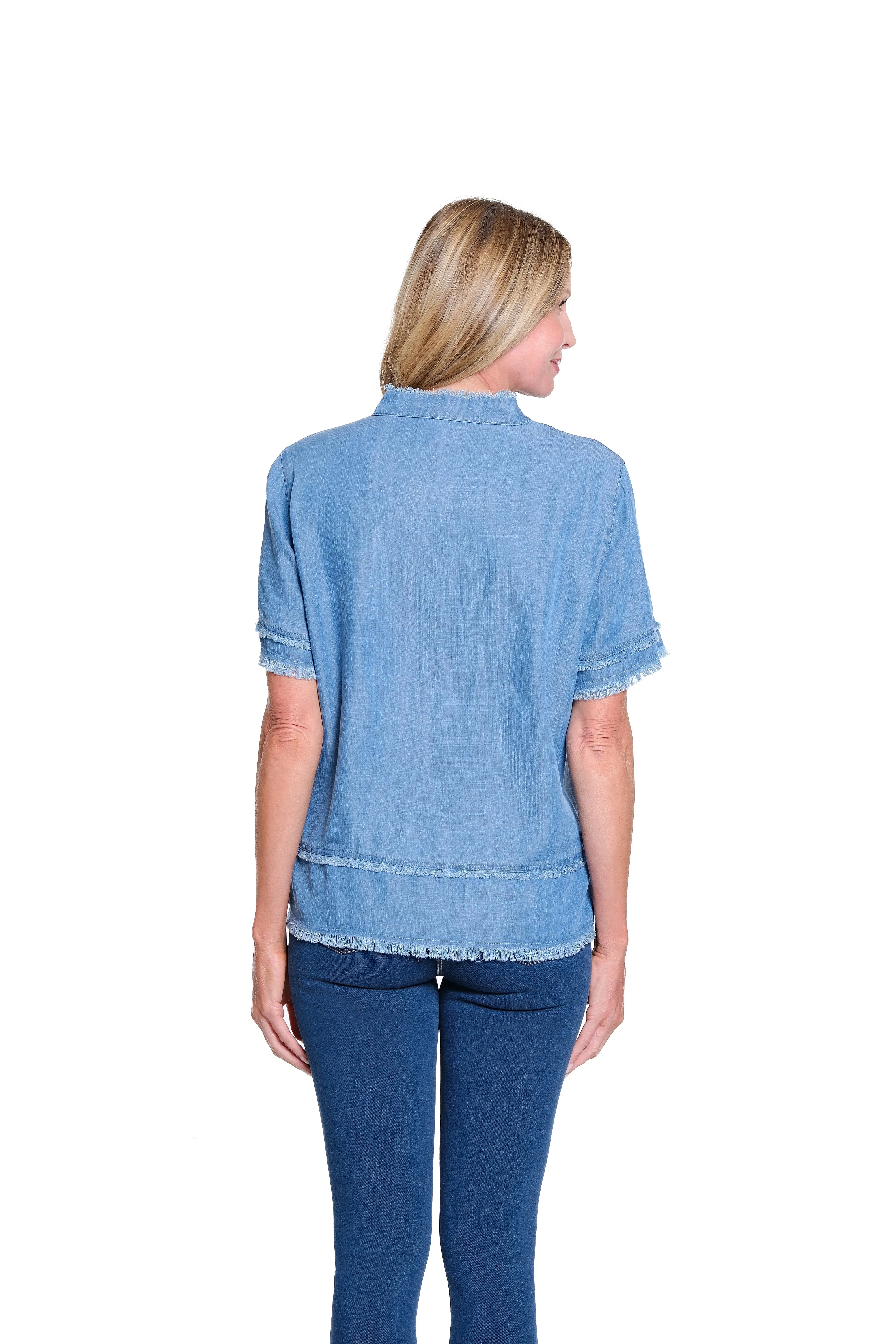Fringe-Hem Woven Popover Shirt - Light Indigo sold by SlimSation product image thumbnail 2