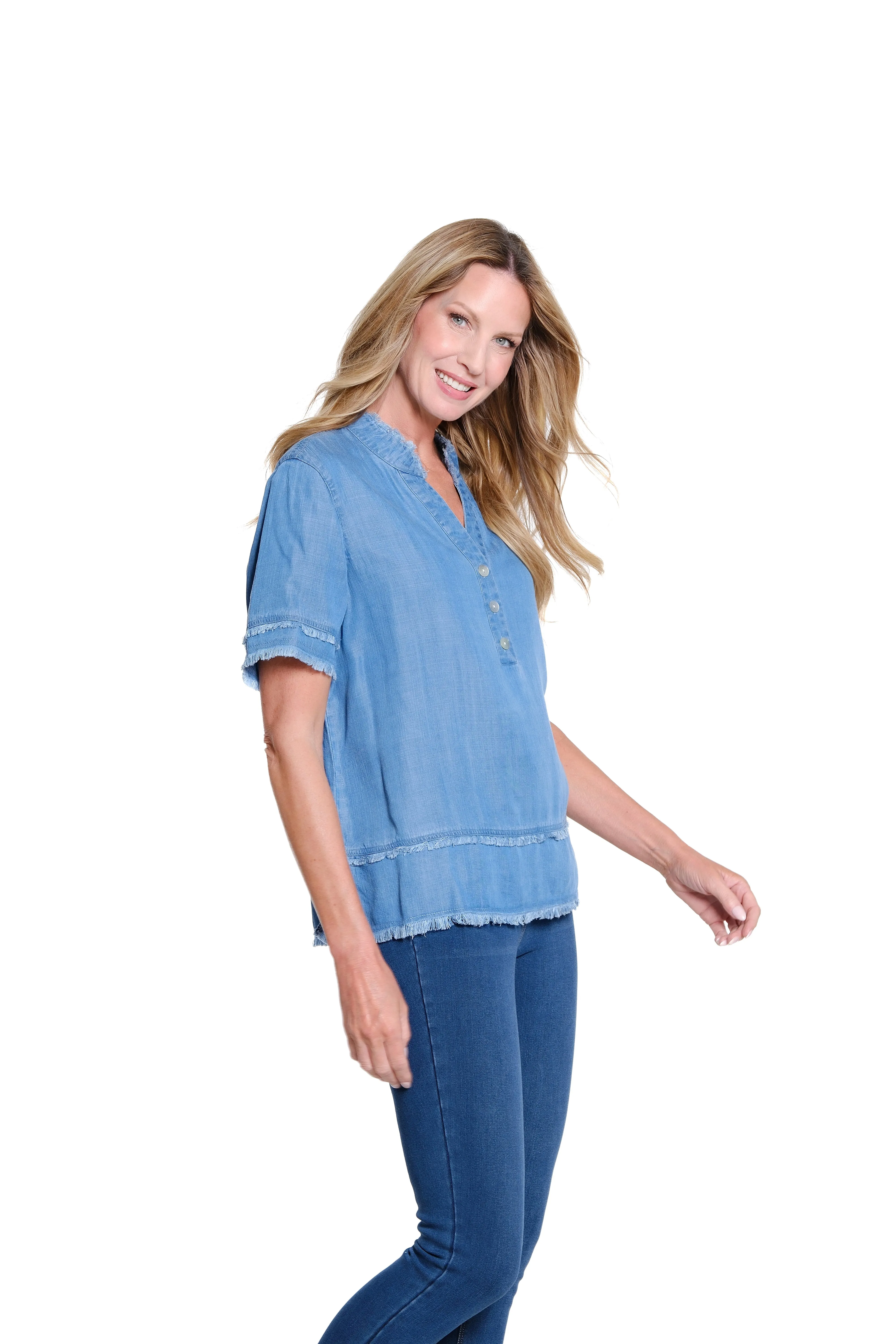 Fringe-Hem Woven Popover Shirt - Light Indigo sold by SlimSation product image thumbnail 3