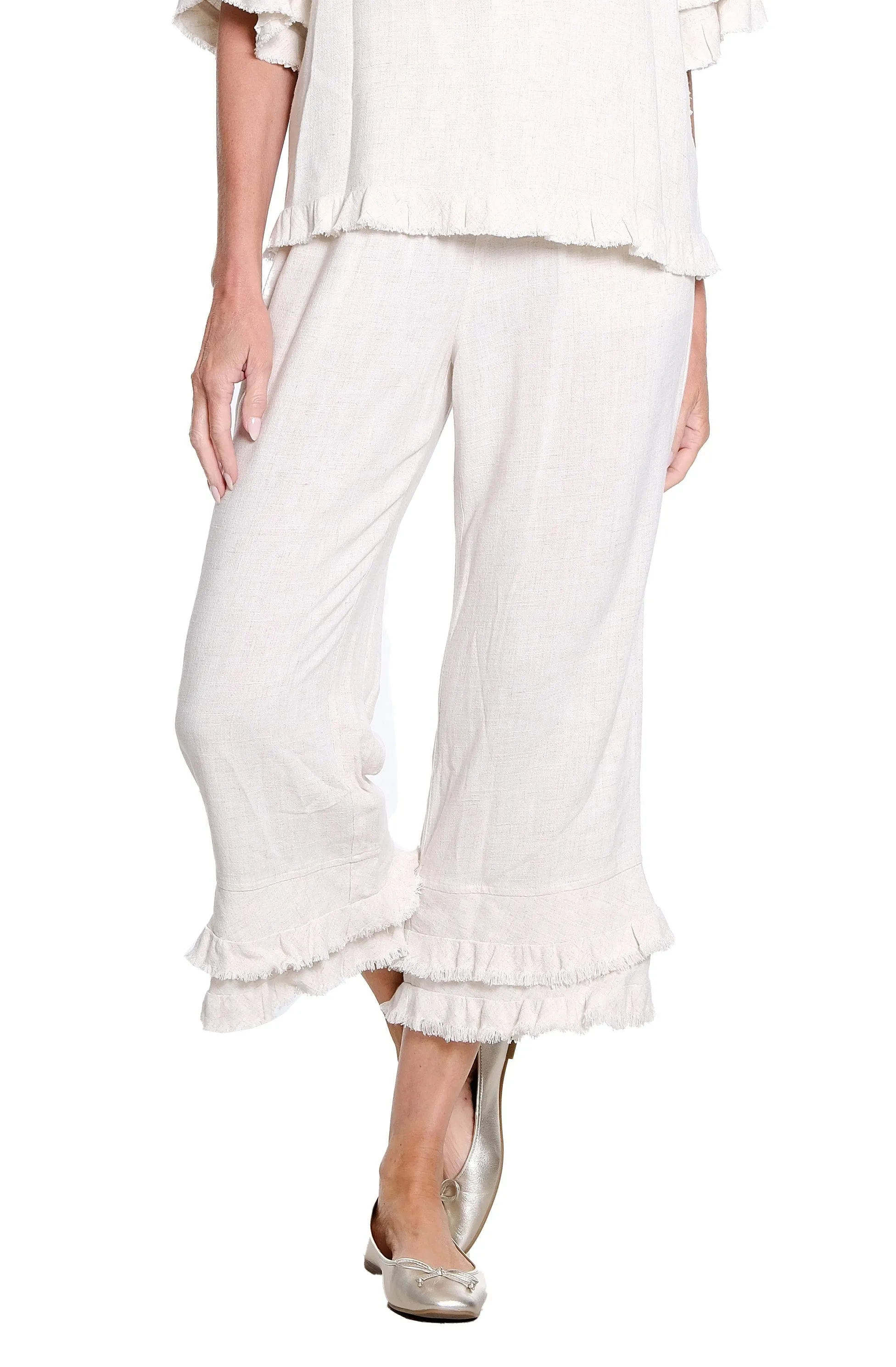 Textured Slub Crop Pant with Flounce Fringe Hem - Flax sold by SlimSation