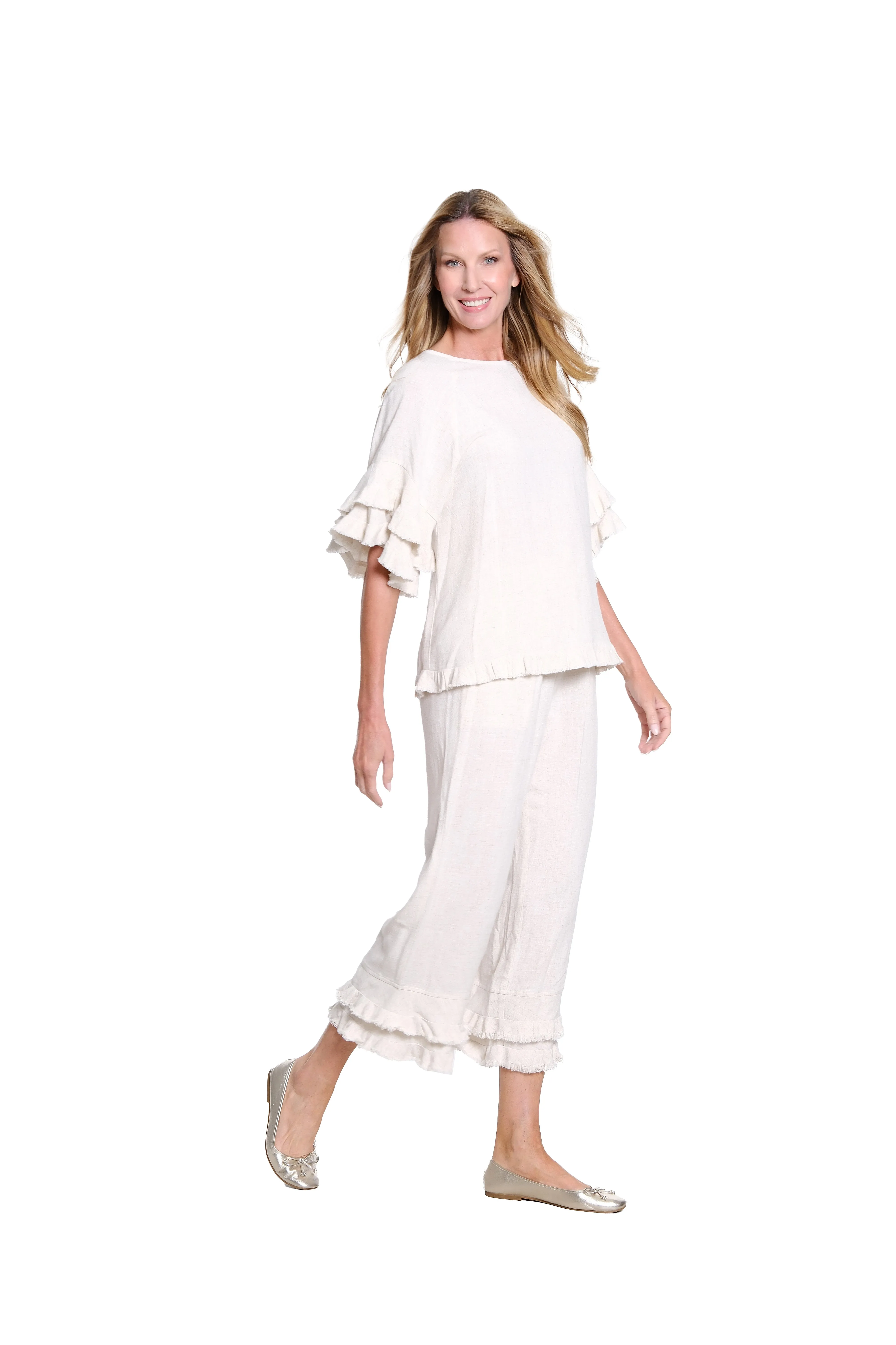 Textured Slub Crop Pant with Flounce Fringe Hem - Flax sold by SlimSation product image thumbnail 3
