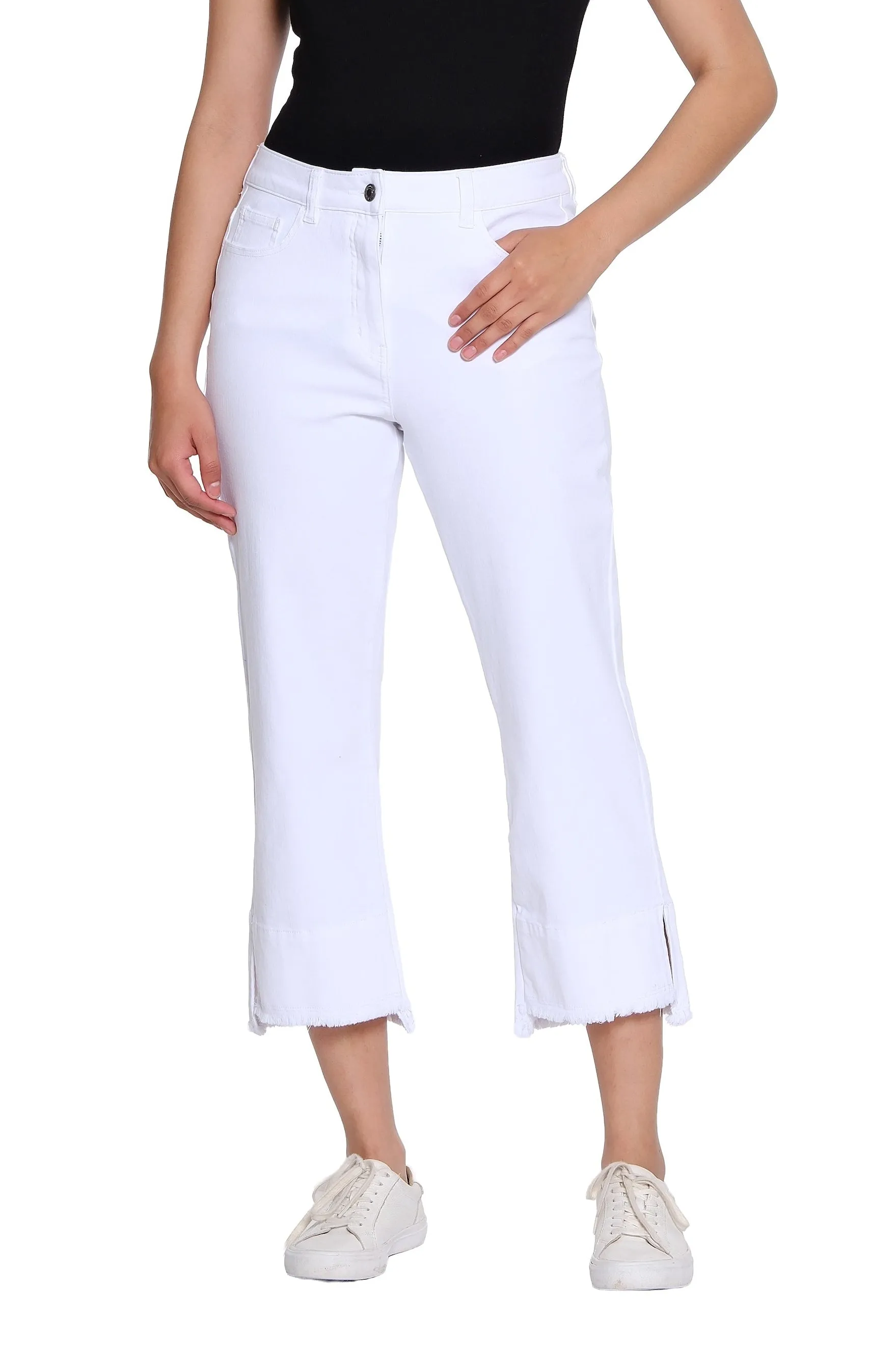 Garment-Dyed Stretch Denim Crop Pant - White sold by SlimSation